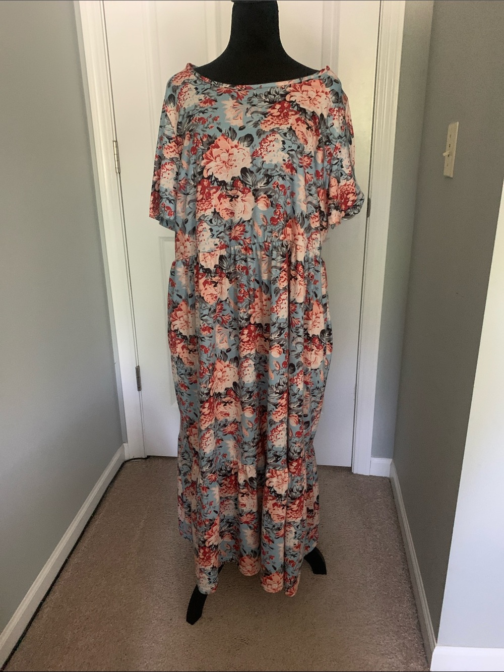 Floral Maxi Dress in Light Blue with Pink Blooms